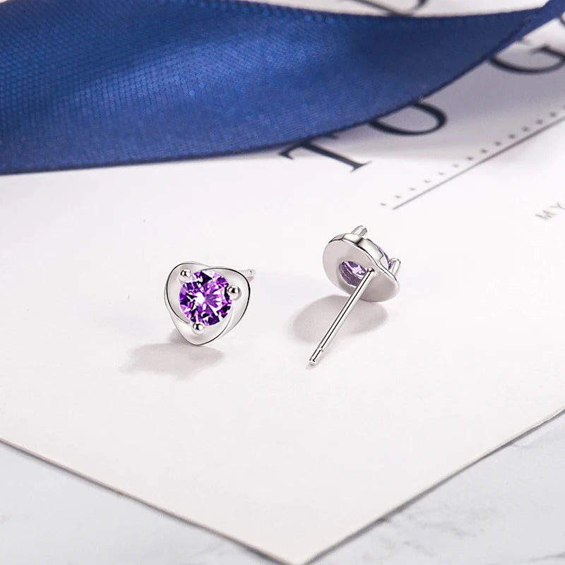 Genuine 925 Sterling Silver Fshion Jewelry Crystal Heart Stud Earrings For Women New XY0208
