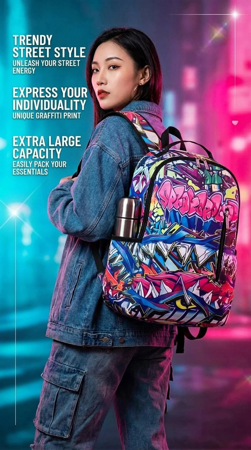 A Hip-Hop Street-Style Backpack with Spray-Painted Ground Motifs for Men, a New Trendy Lightweight Printed Backpack with a Checkered Pattern, Also a Fashionable Outdoor Commuter Bag, Large-Capacity Travel Bag, Multifunctional