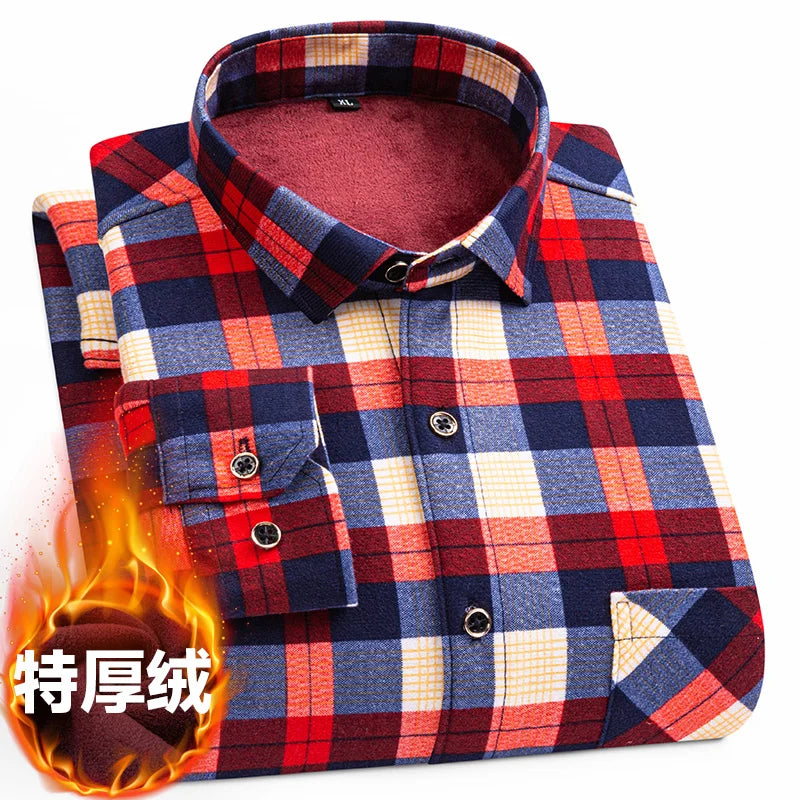 Men's long-sleeved shirt with fleece thickened warm autumn and winter plus size 8XL9XL slim casual plaid everything comfortable
