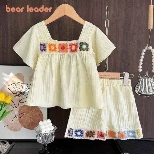 Bear Leader Girls Suit Summer Beige Short Sleeved Colorful Sunflower Print Top + Pants Two-piece Set Sweet Children's Clothing