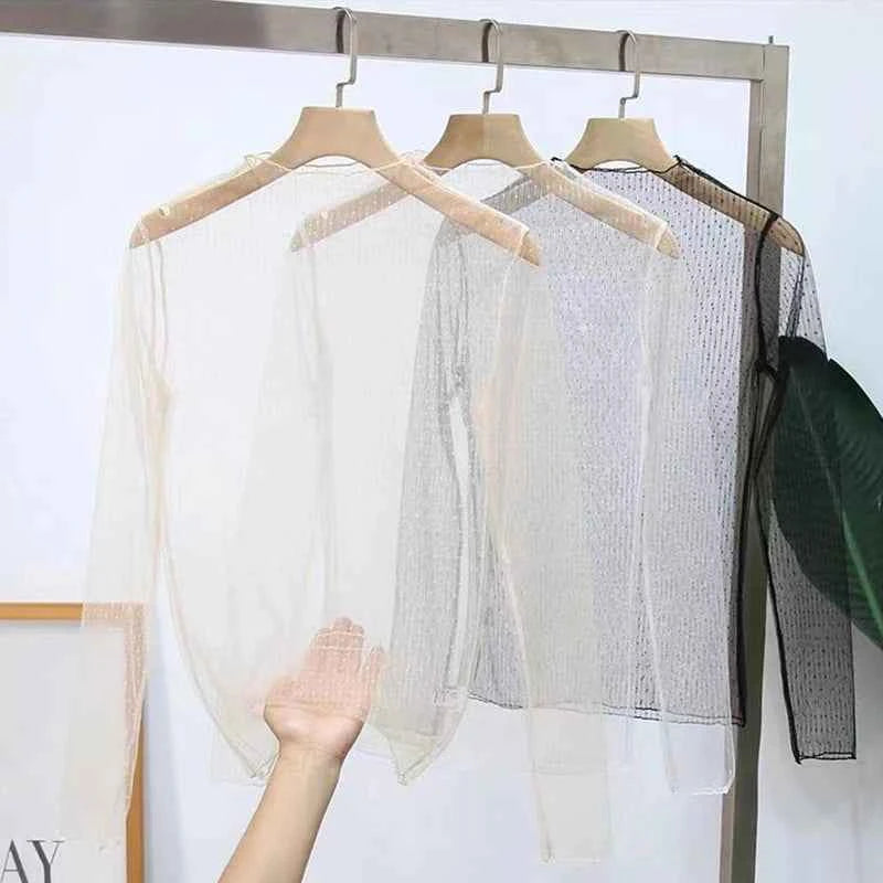 Spring Summer Women Sexy Black Mesh Tops Bottoming T Shirts Transparent Sheer Blouses Turtleneck Streetwear Tees Sunscreen Top