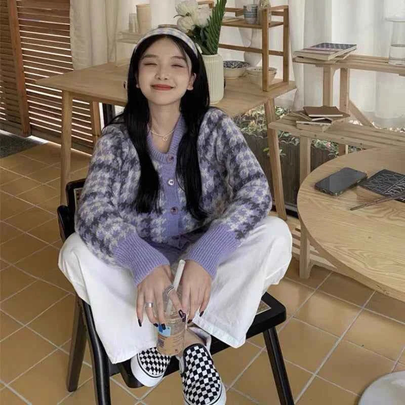 Y2k Pink Women Cardigan Korean Sweet Plaid Long Sleeve Female Sweaters Harajuku New O Neck Preppy Style Ladies Tops