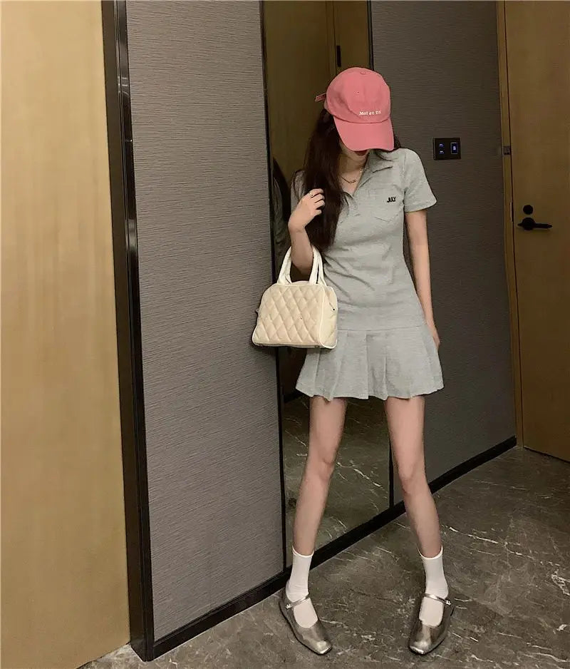 Pleated Dresses Women Sporty Minimalist Summer Female Turn-down Collar New Korean Style Casual Hotsweet Empire Fashion Harajuku