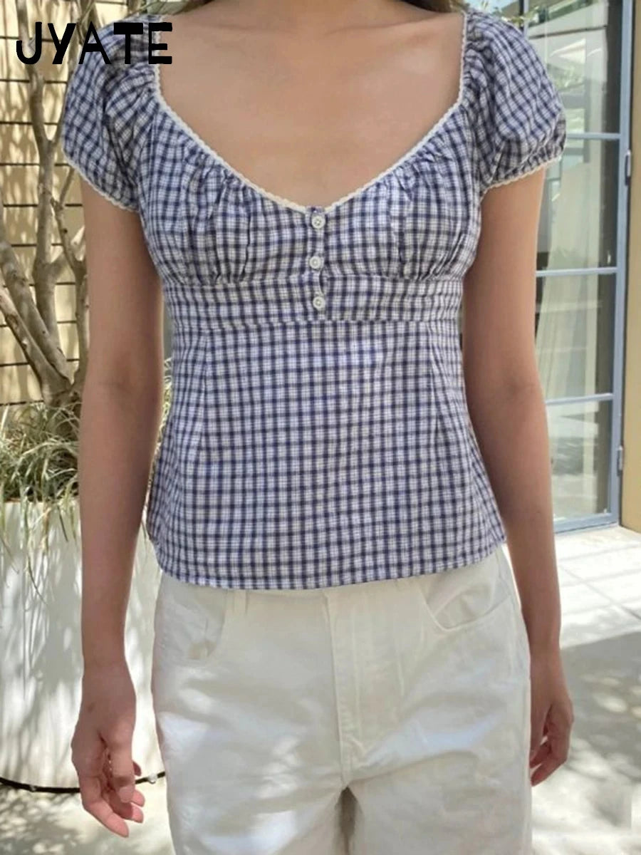 White Striped V-neck Buttons T-shirts Women New Casual Cotton Lace Trim Sexy Crop Tops Sweet Cute Preppy Style Blouse Tees Y2K