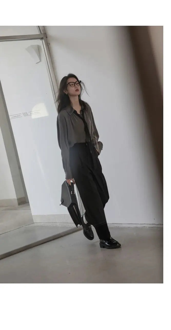2026 Summer Women's Oversized Long Sleeve Blouse 2026 Summer New Arrival Tie Neck Shirt Loose Fit Office Elegant Fashion