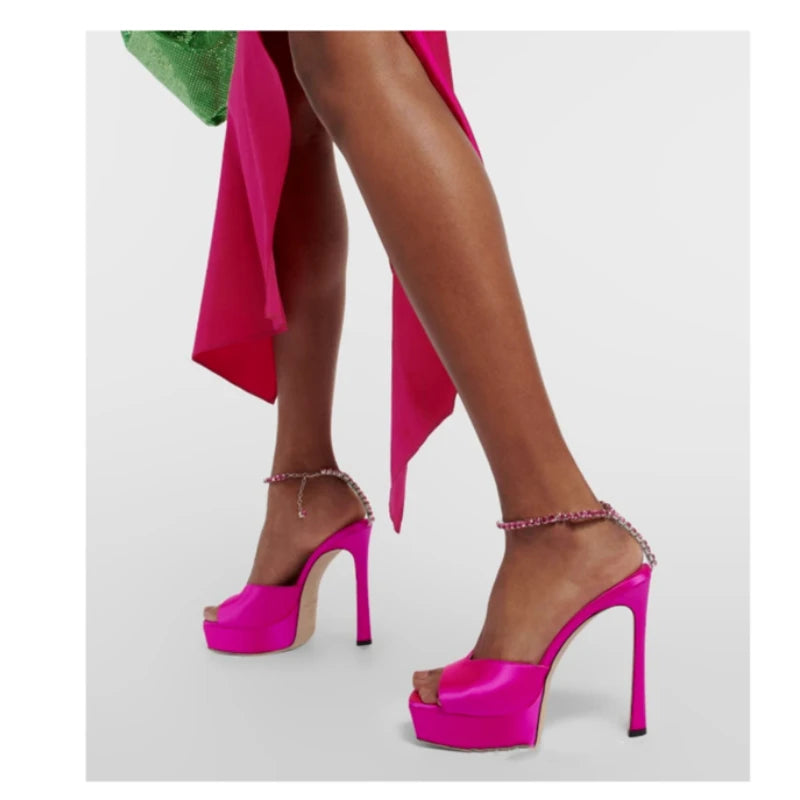 Colorful Chain Water Diamond Sandals Brand Walk Show Fish Mouth Evening Dress Elegant High Heels 2023 New Pendant Women's Shoes