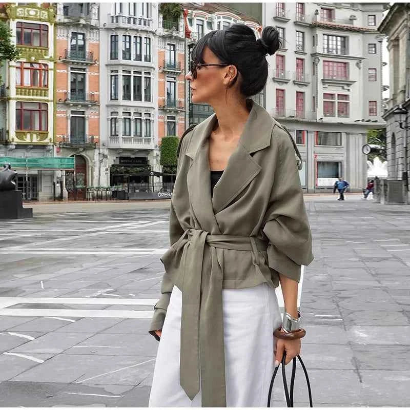 Cropped Lace-up Blue Casual Trench Coat Women Lapel Long Sleeve Wide Shoulder Windbreaker Jacket Fall Commute Daily Streetwear