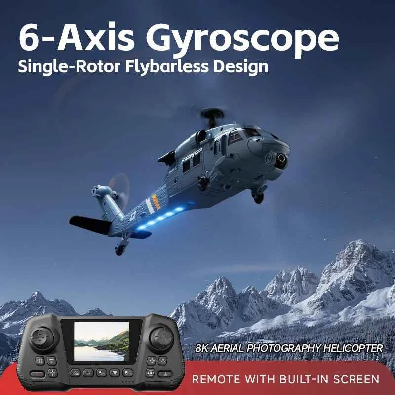 8K HD Camera RC Helicopter With LCD Screen Optical Flow Positioning One Key Takeoff WIFI FPV RC Airplane Single-Rotor Flybarless