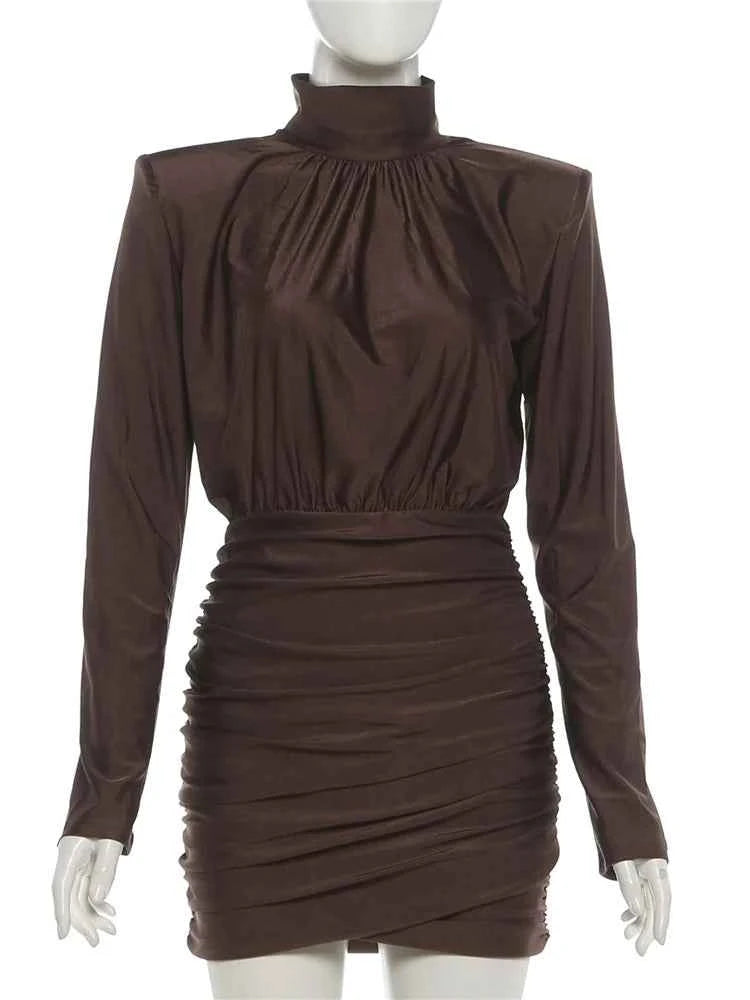 Nibber Classic Turtleneck Dress Women Shoulder Padded Ruched Sexy Office Commute Simple Peach Hip Skinny Elegant Mini Bodycon