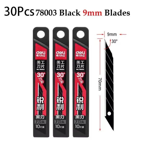 Deli Heavy Duty Utility Knife Sharp Black SK5 Carbon Steel Blades 9mm/18mm/Auto-Retractable Box Cutter for Cardboard Cartons