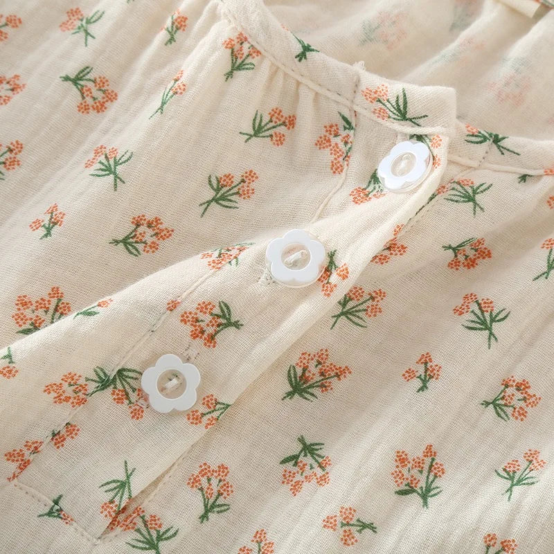 2023Women's Pajamas Pure Cotton Women's Long sleeved Pants Round Neck Loose Homewear Small Fower Print Baby Cotton Sleepwear Set