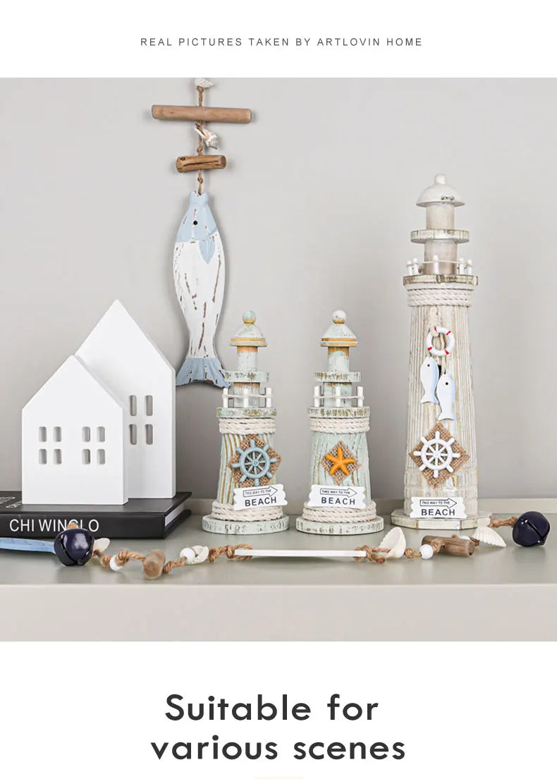 Mediterranean Style Home Decoration Figurines Desktop Ornaments Ocean Wooden Lighthouse Model Wood Ship Crafts Wall Decor Plaque