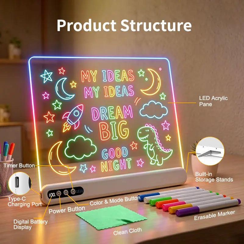 LED Neon Drawing Board with Timer and Battery Display
