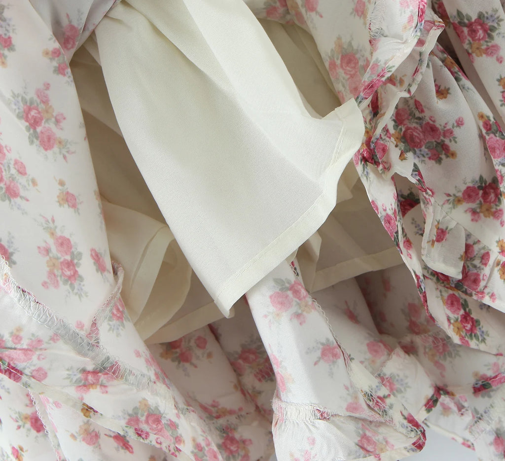 2025 Women White Pink Flower Print Puff Long Sleeve Dress Open Buttons Wood ears Ruffles Hem Mini Shirt Dresses Holiday Robe