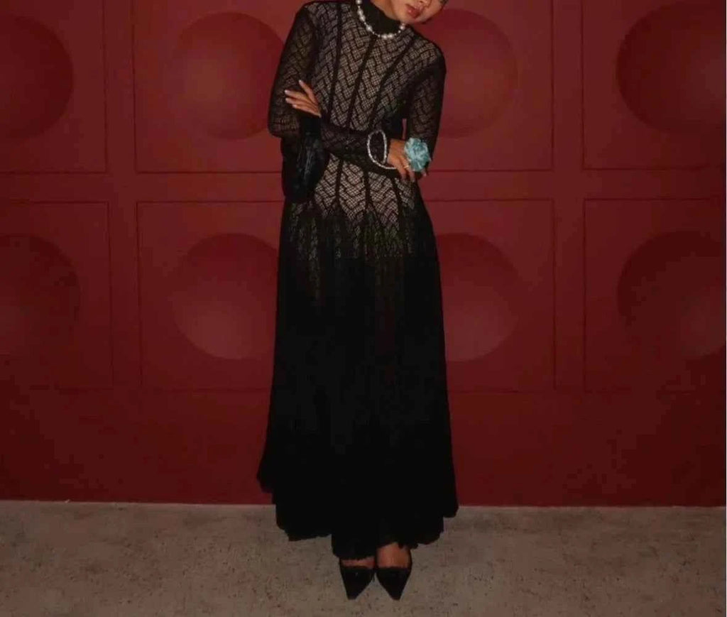 TWOTWINSTYLE Solid Slimming Spliced Ruffles Dresses for Women Round Neck Long Sleeves Patchwork Hollow Out Dress Female Clothing