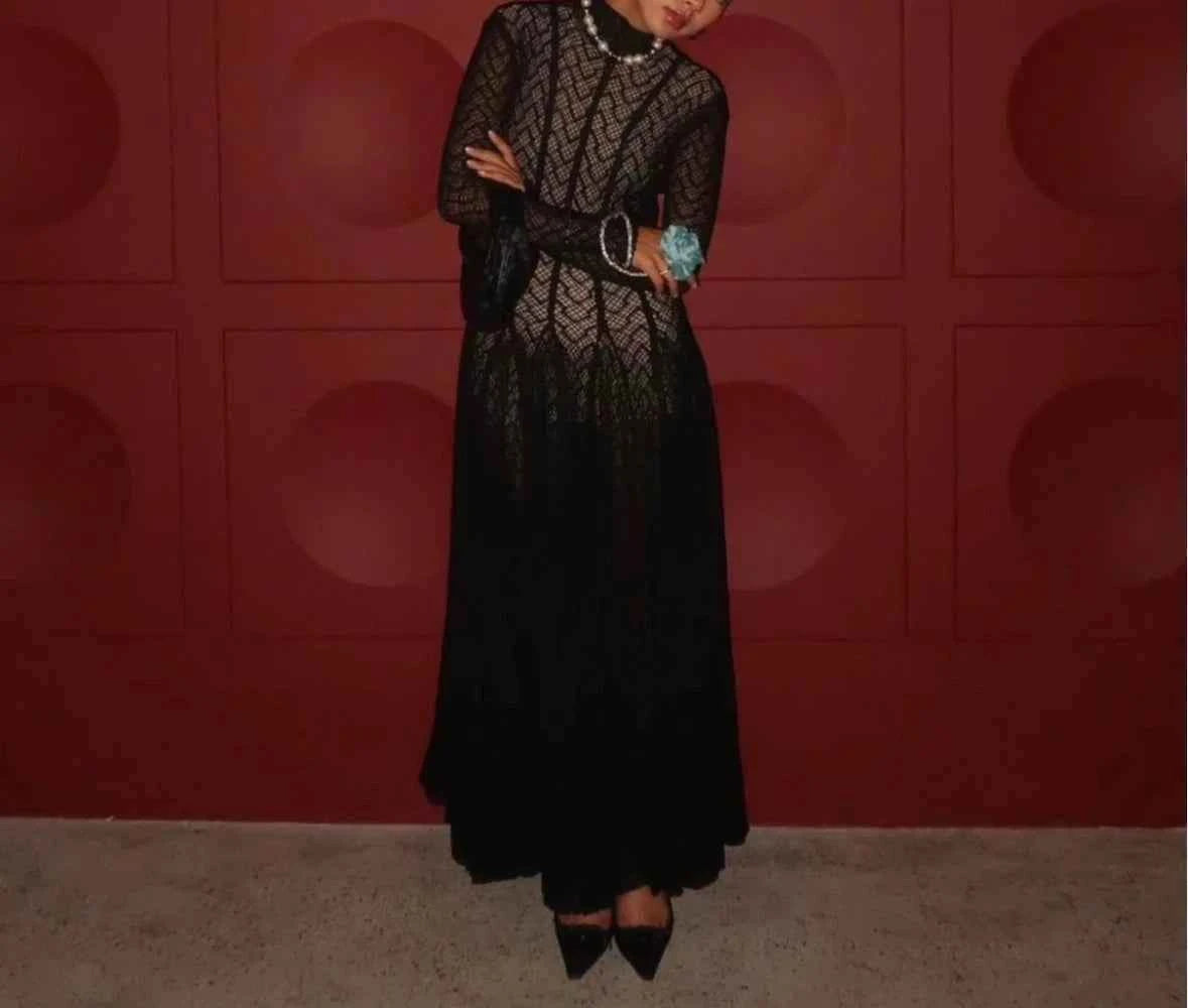 TWOTWINSTYLE Solid Slimming Spliced Ruffles Dresses for Women Round Neck Long Sleeves Patchwork Hollow Out Dress Female Clothing