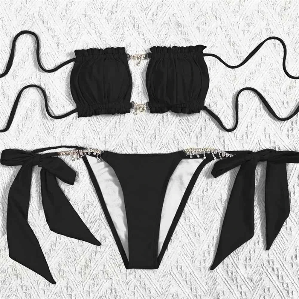 Sexy Rhinestone Chain Micro Thong Bikini Women Swimwear Ruffled Bandeau Swimsuit Knotted Bathing Swimming Suit Bikinis Sets 2026
