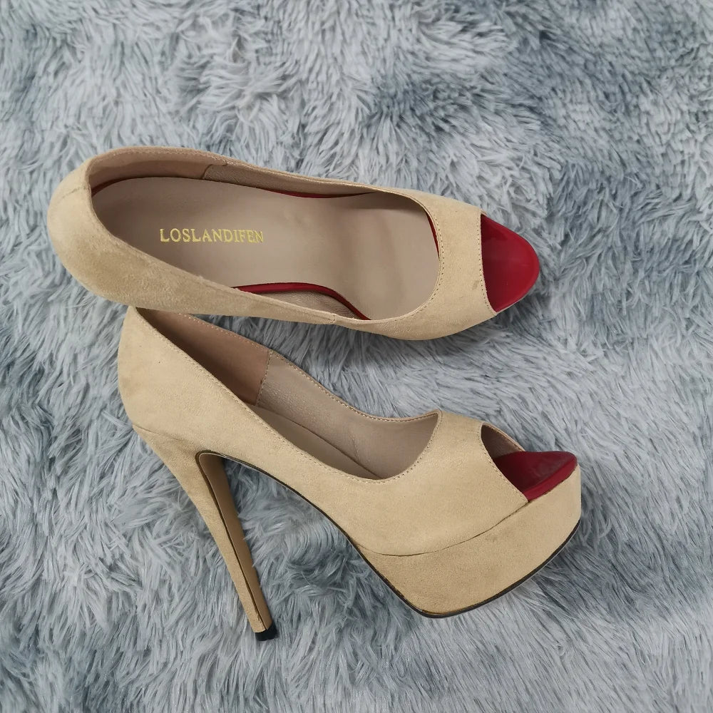 Women Stilettos Sexy High Heels Shoes Peep Toe Velvet Pumps Platform Lady Evening Party Red Wedding Black Office Shoes 817-16VE