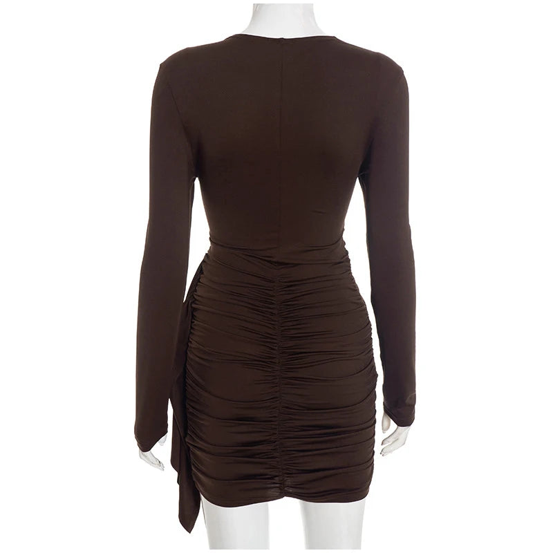 Casual Solid Pleated Bodycon Mini Dress Women Sexy Long Sleeve Waist-cinching Irregular Dresses 2026 Lady Chic Party Club Robe