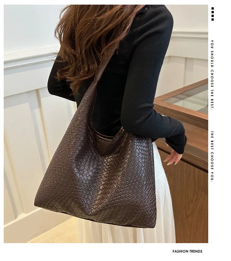Women's Retro Artificial Leather Woven Pattern Shoulder Bag,Large Capacity Tote Bag,Casual Armpit Bag, Large Tote Bag,Daily Work
