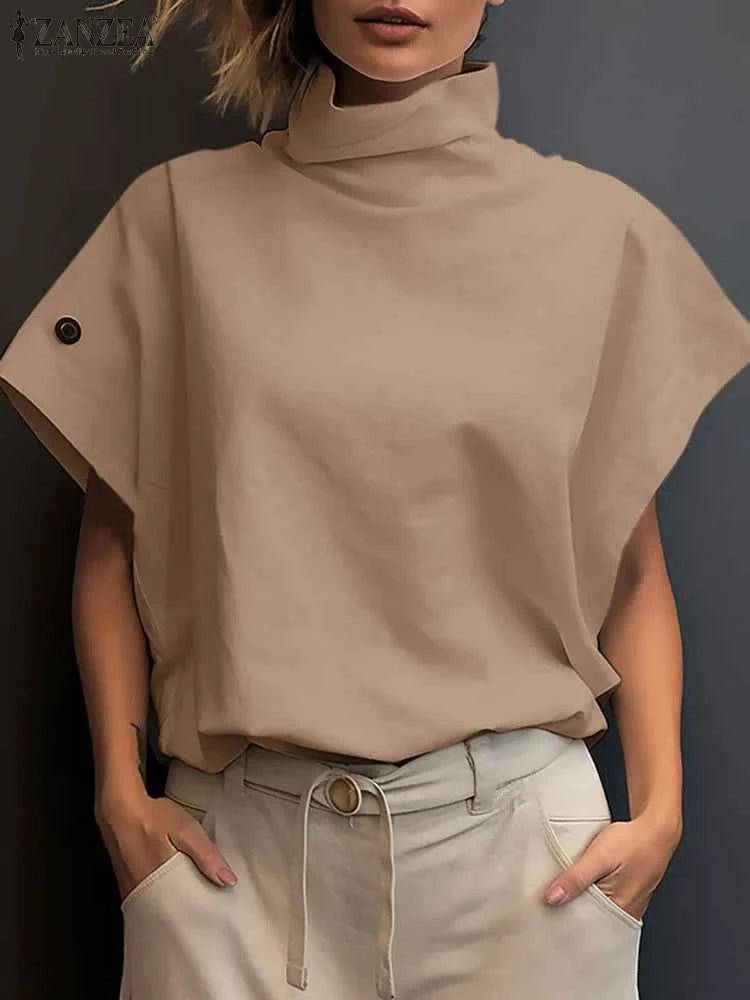 Women Fashion OL Work Shirt 2024 ZANZEA Summer Elegant Turtleneck Short Sleeve Blouse Casual Loose Office Tops Party Blusas