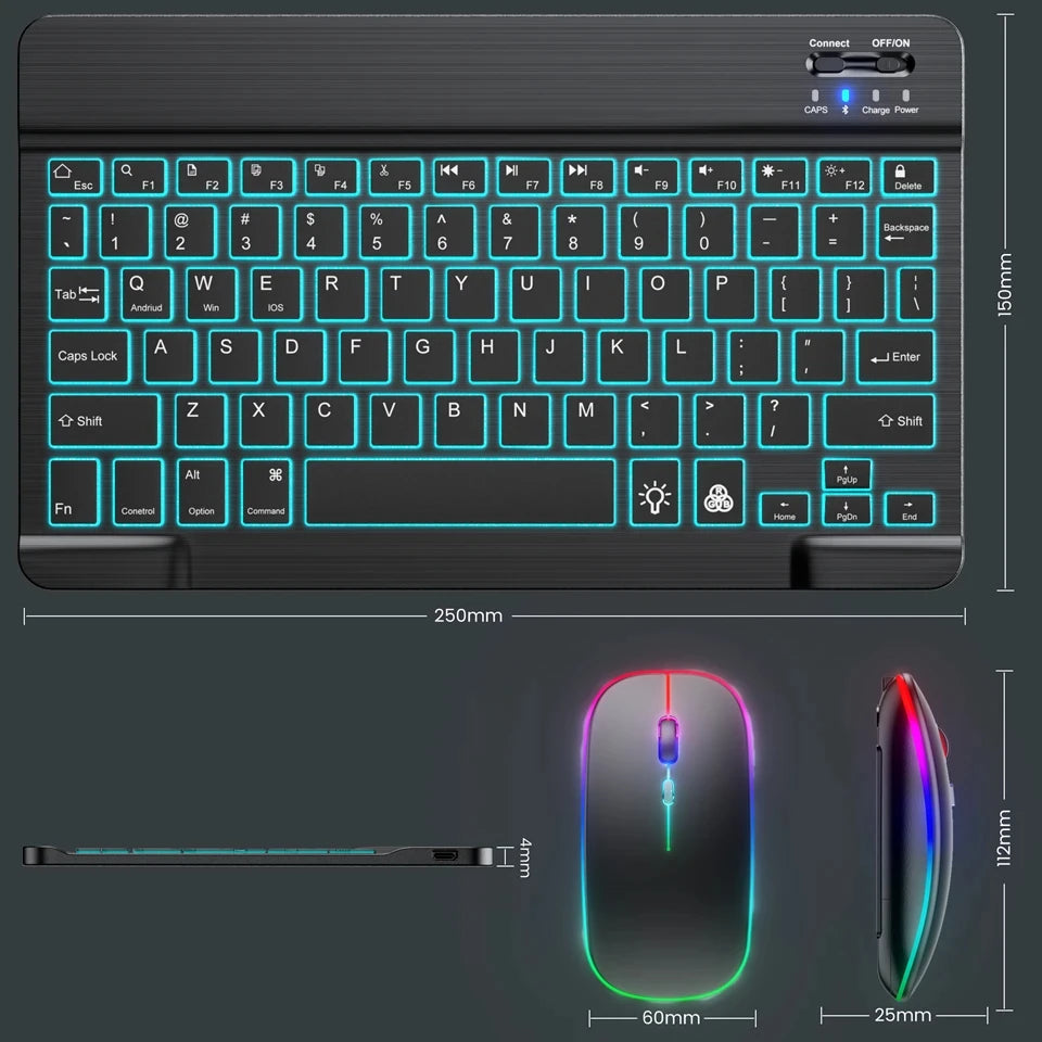 Mini Backlit RGB 10inch Bluetooth Keyboard Wireless Mouse Rechargeable for Spanish Russian Hebrew Korean French Arabic Portugal