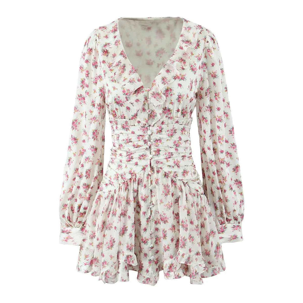 2025 Women White Pink Flower Print Puff Long Sleeve Dress Open Buttons Wood ears Ruffles Hem Mini Shirt Dresses Holiday Robe