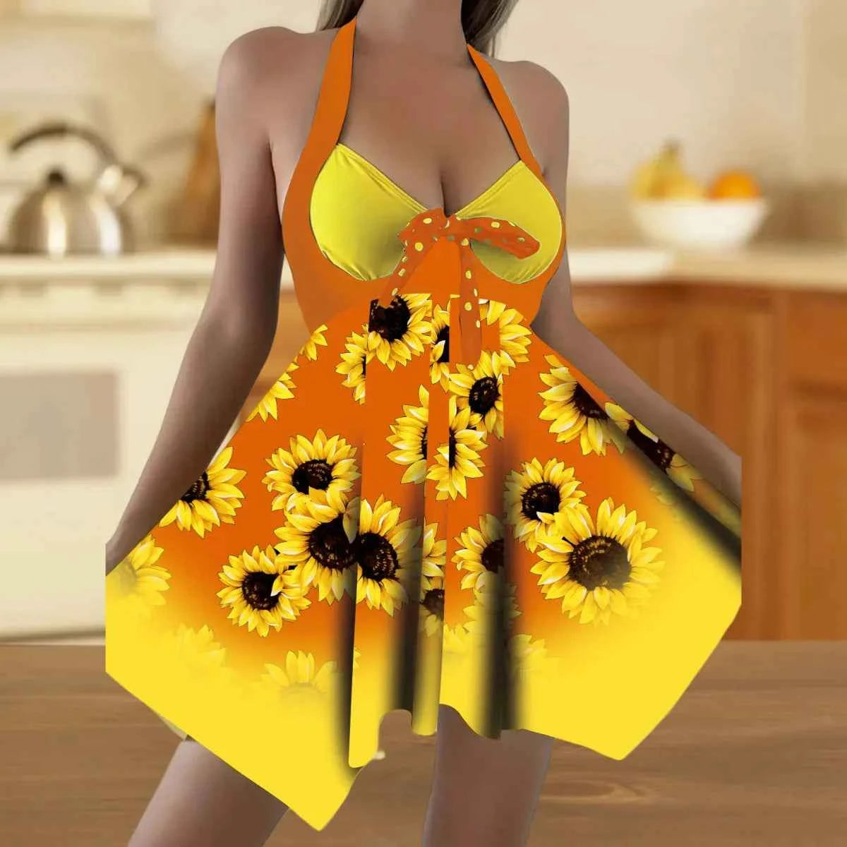 New 2025 Women's Two-Piece Bikini Set Yellow Sunflower Print Maxi Dress Style Swimsuit Floral Patterned Separate Swimsuit