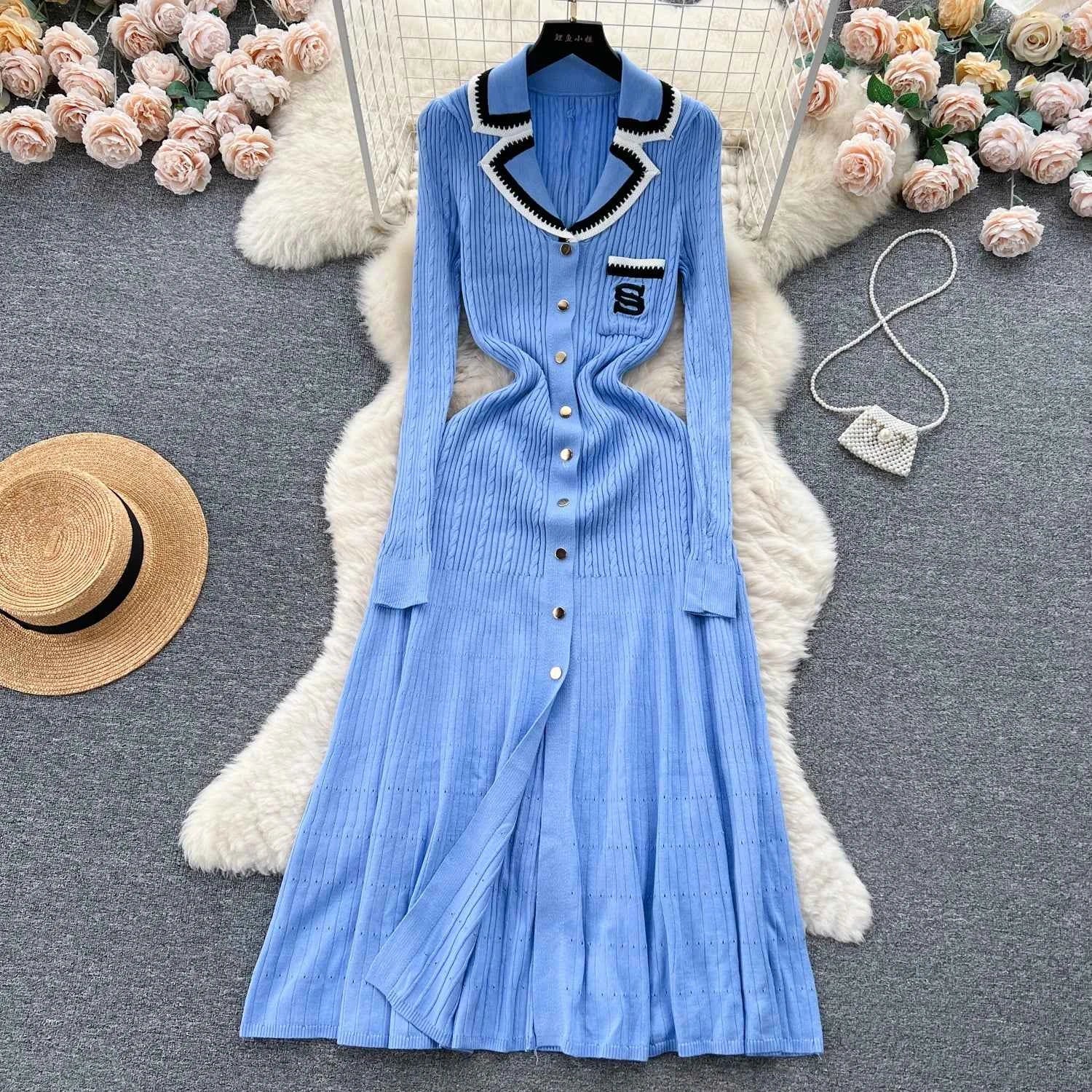 SINGREINY Autumn Winter Wear Dress Women Polo Single Breasted Pocket Design Bodycon Knitting Temperament Sweater Long Dresses