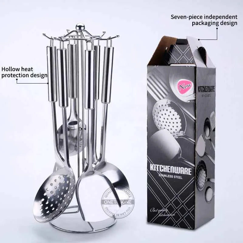 6 Pieces Kictche Cooking Utensil Set Stainless Steel Cookware Set with Organizer Holder Stand Kitchen Cooking Tools