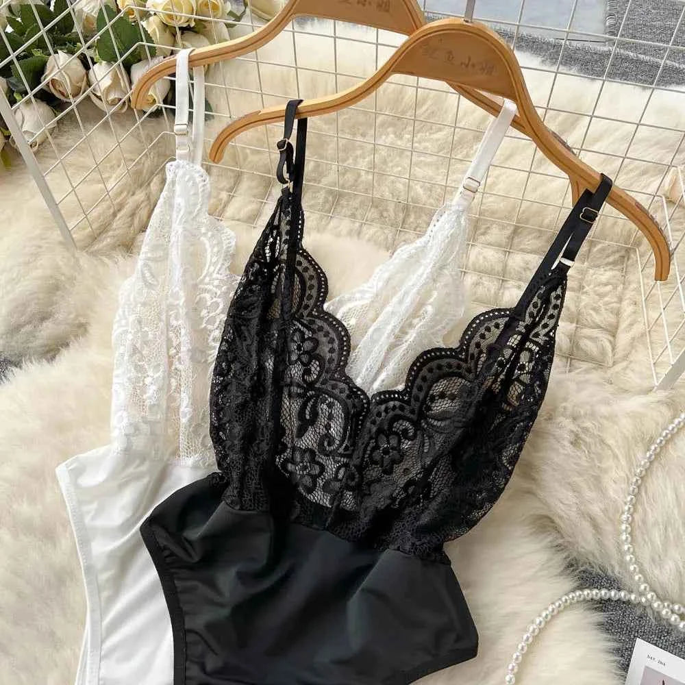 Women's V-neck Sexy Elegant Lace Camisole Jumpsuit Hollowed Transparent Tight Fitting Pajama Adjustable Shoulder Straps Hotsweet