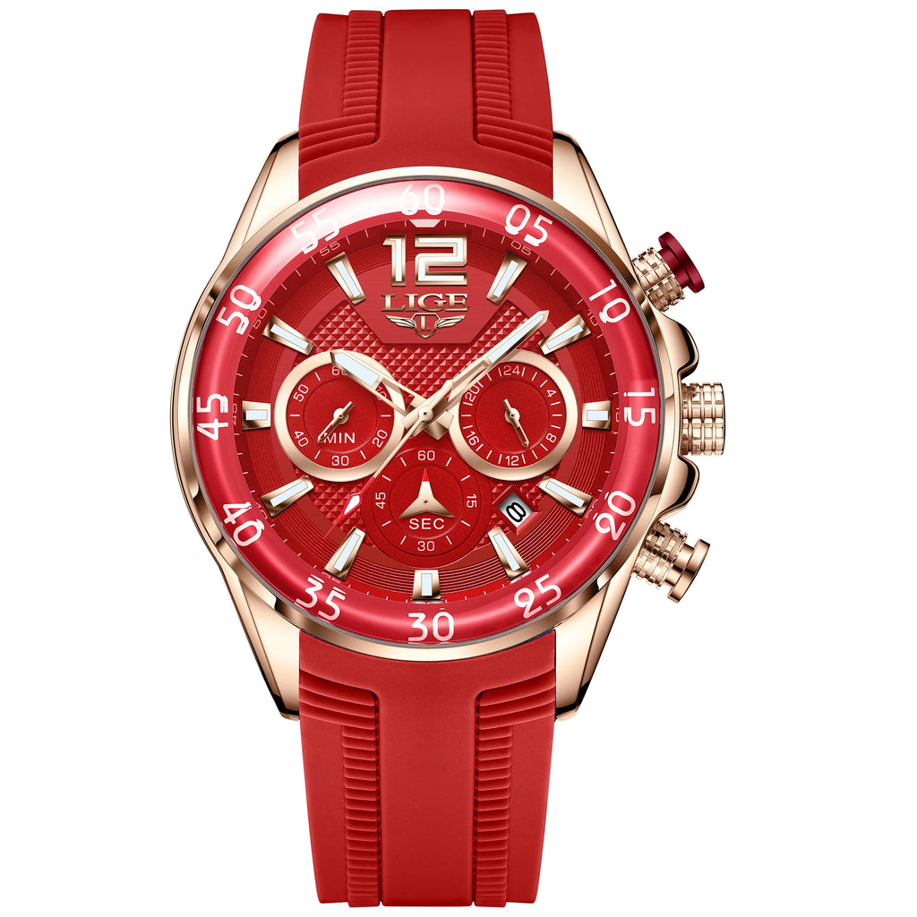 LIGE New Fashion Mens Watches Top Brand Luxury Quartz Wrist Watch Man Sport Red Silicone Watch for Men Reloj Hombre Chronograph
