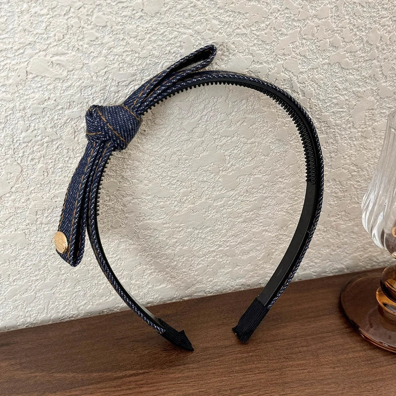 Elegant Denim Blue Bow Hairband with Tooth Retro Headband for Women Girls Hair Bands Hair Accessories