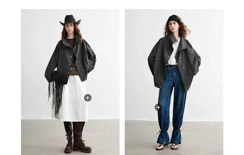 TOYOUTH Women's 2026 Spring New Loose Stand-Collar Utility-Style Lightweight Jacket Coat with Slub Wrinkle Texture