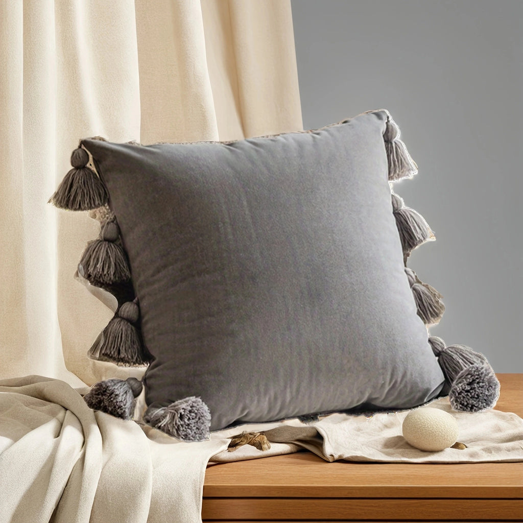 1pcSolid Decorative Throw Pillow Cover with Tassels Boho Accent Cushion Case for Couch Bedroom Car