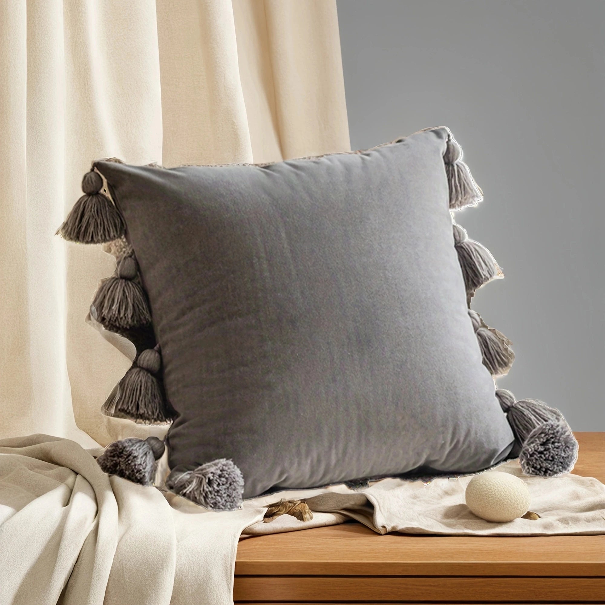 1pcSolid Decorative Throw Pillow Cover with Tassels Boho Accent Cushion Case for Couch Bedroom Car