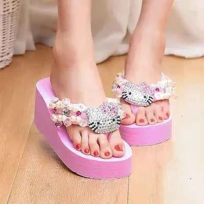 Hello Kitty Kawaii Soft Flip Flop Sandals Y2k Beach Slides Shoes Women Casual Wedge High Heels Platform For Slippers Ladies Gift