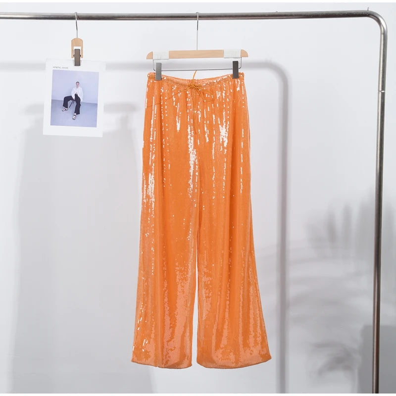 Loose Solid Color Sequin Pants Woman Cinched Waist Glitter Straight Baggy Long Pants Casual Street Chic Sparkle Women's Trousers