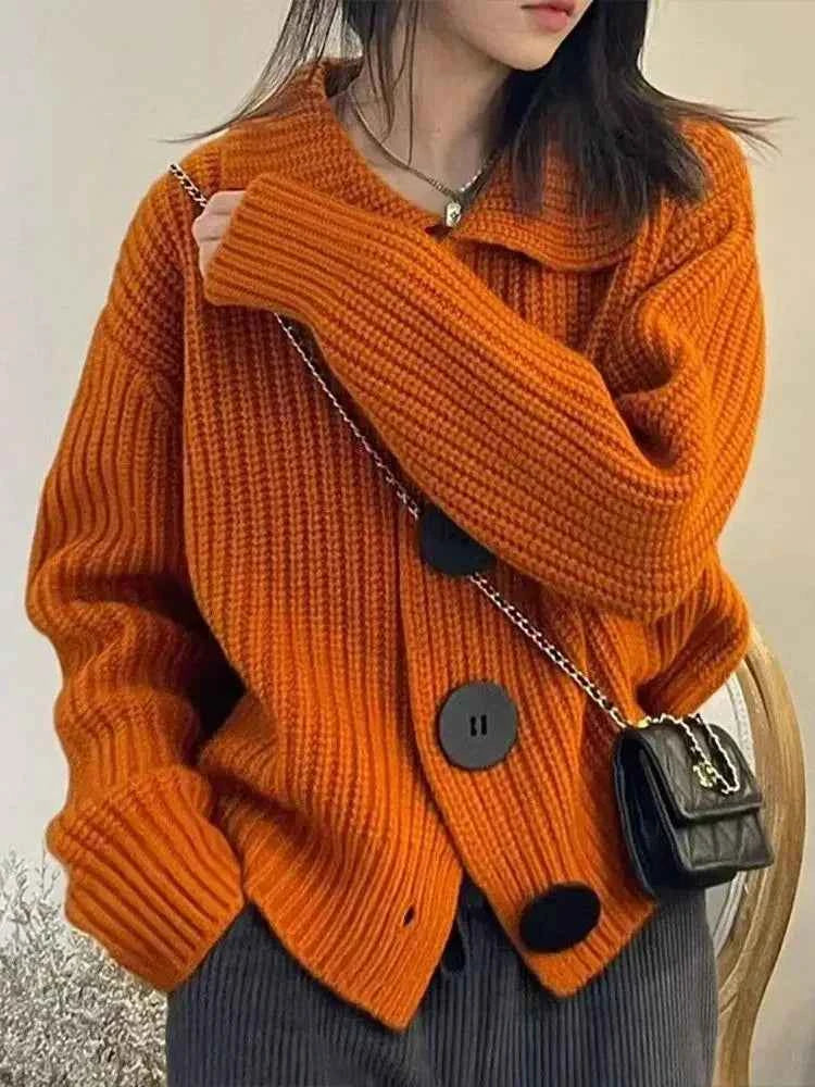 Temperament Fashion Sping Autumn New Sweaters Coats New Women Solid Lapel Button Korean Casual Long Sleeve Cardigan Knitted Tops