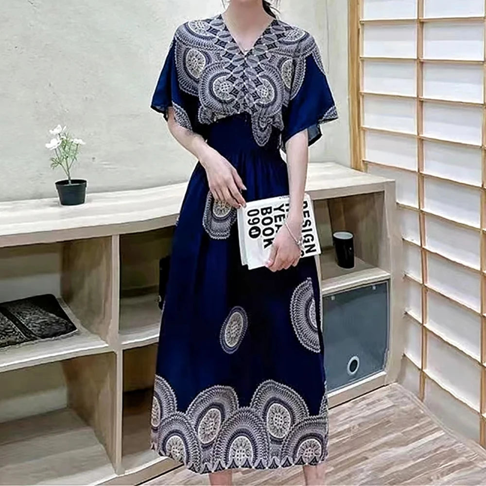 Colorful Flower V-neck Elastic Youthful Bohemian Sweet Midi Dress Woman Clothes Chic Fashion Summer Dresses 2025 Large Swing Ski