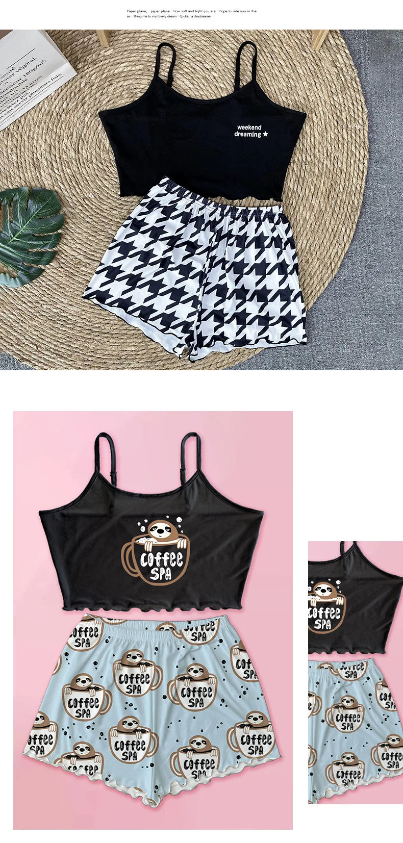 Summer Silk Satin Pyjama Pajamas for Women Sexy Sleepwear Sling Top Shorts Pajama Set Cartoon Pattern Printing 2-Piece Homewear