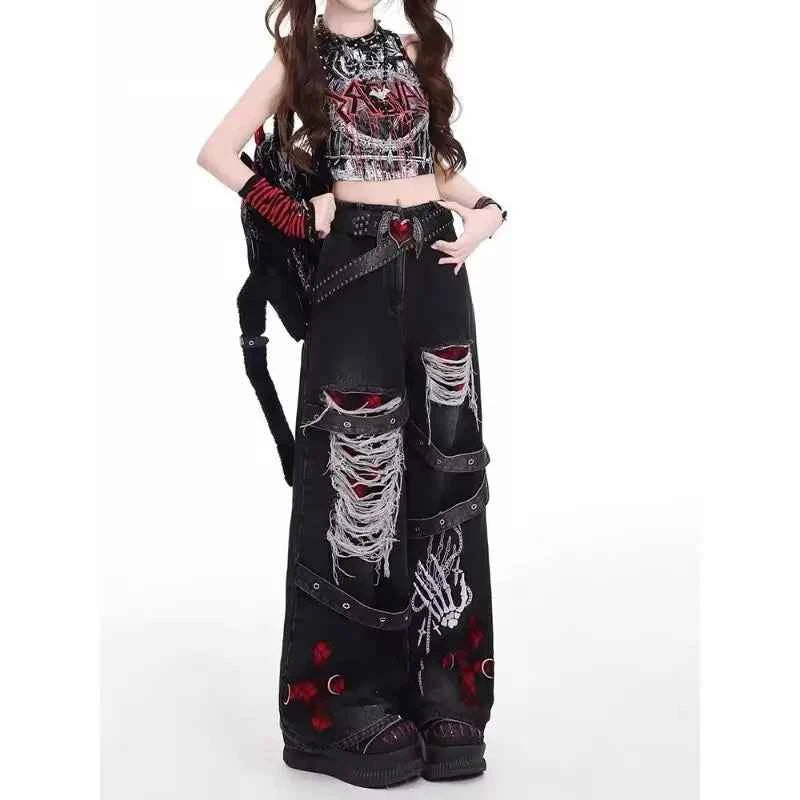 American style spicy girl loose lazy and relaxed denim pants female punk retro washed fashionable versatile casual pants