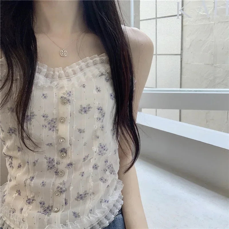 French lace sexy floral vest with a beautiful back wrapped around a solid-color casual halter sleeveless sweet vest underwear