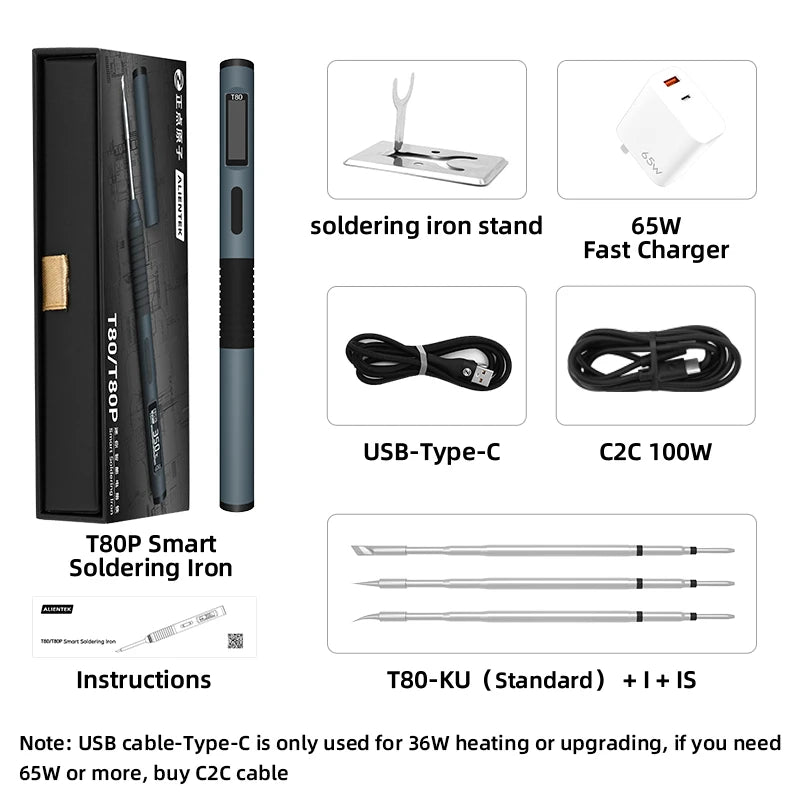 ALIENTEK T80/T80P Electric Soldering Iron Adjustable Temperature 100W Fast Heat Portable Digital Smart Welding Station C210 C245