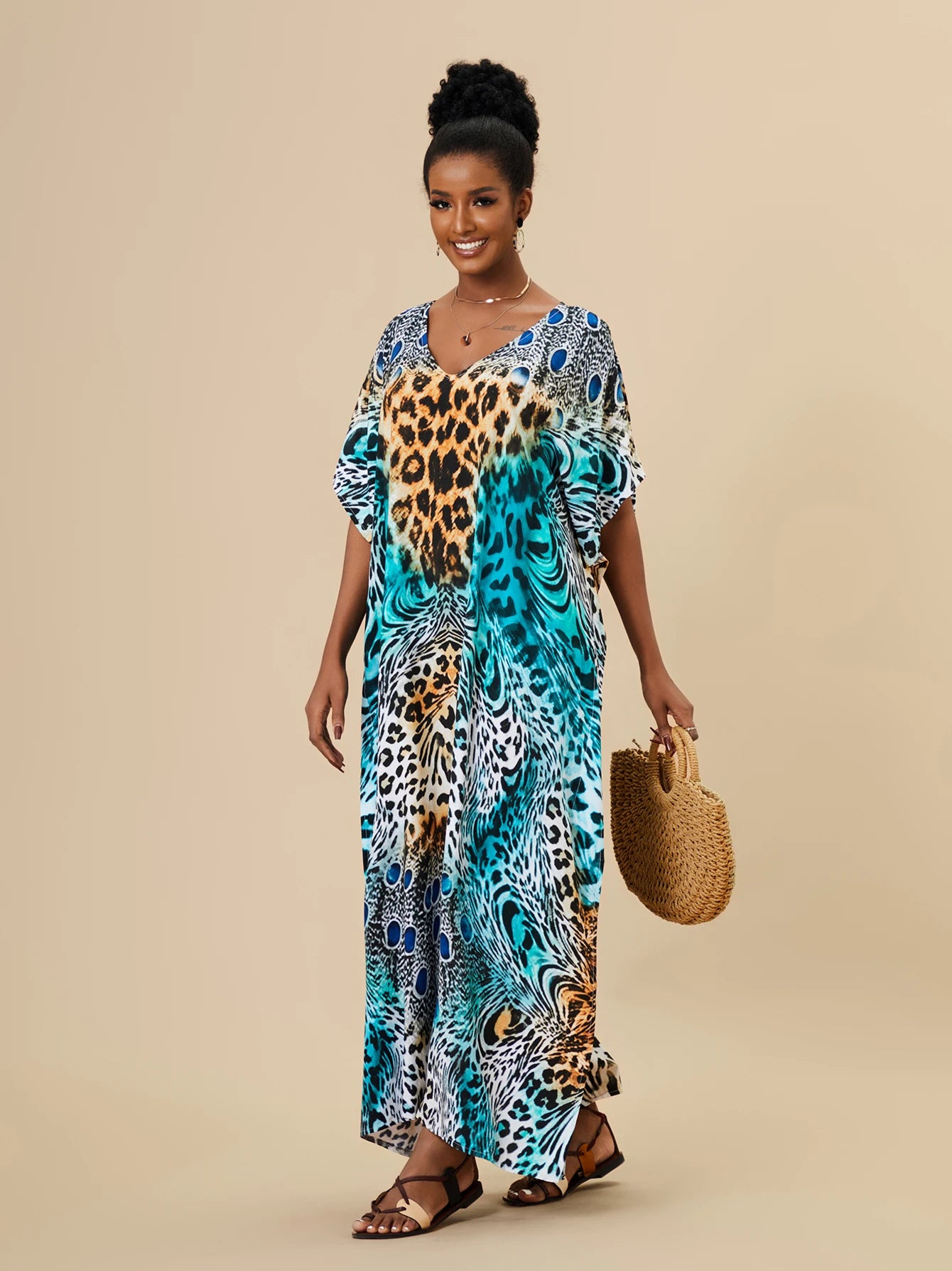 EDOLYNSA 2023 Bohemian Printed Loose Kaftan Casual Summer Vacation Maxi Dress Women Clothing Beach Wear Swim Suit Cover Up Q1469