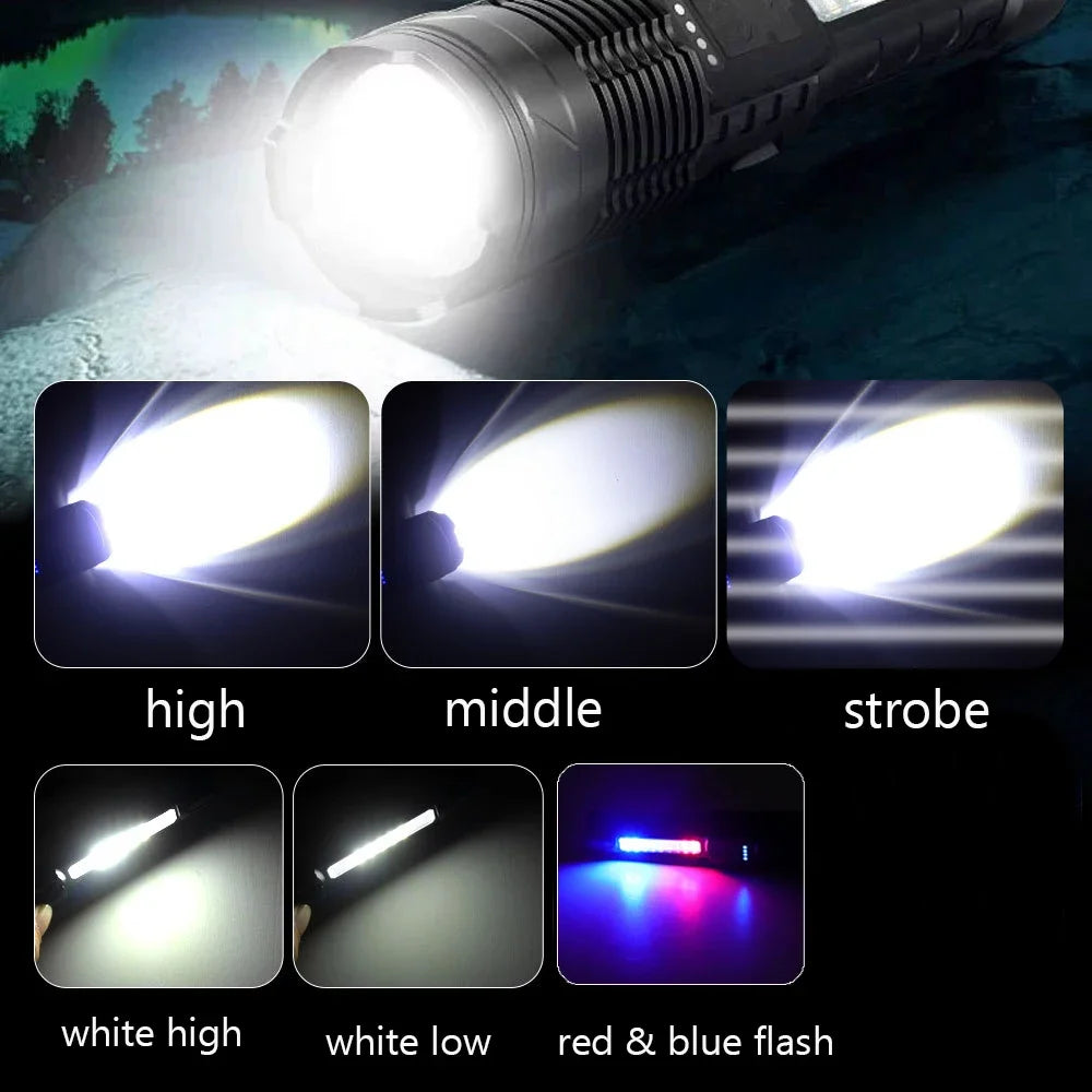 High Power Led Flashlights Very Strong Tactical Torch with Clip 6 Modes USB Rechargeable Camping Fishing Emergency Zoom Lantern