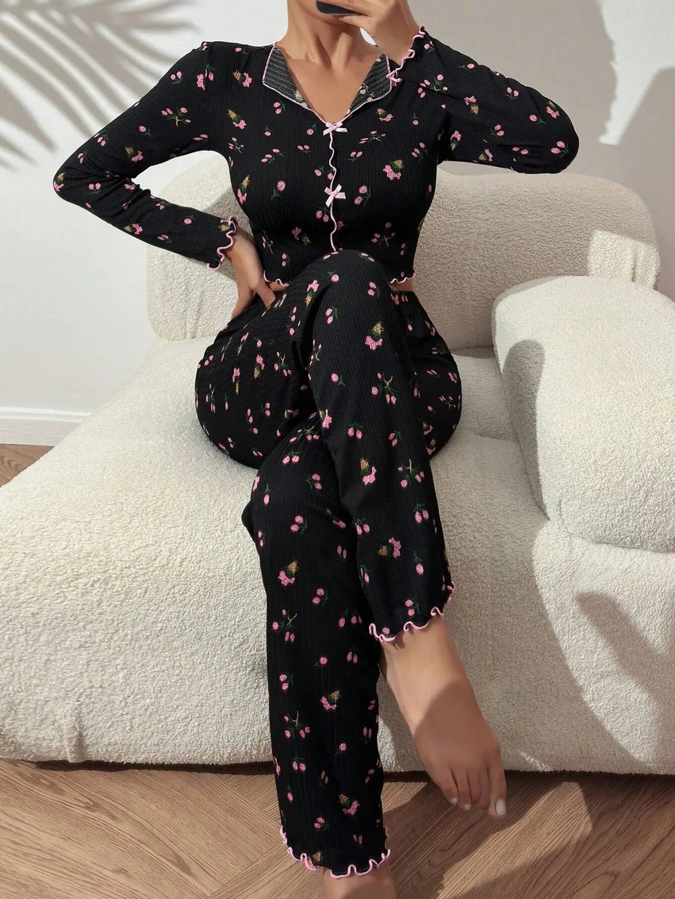 Y2K Cute Floral Ribbed Pajama Set Womens Long Sleeve V Neck Two Piece Sleepwear Homewear Autumn Winter Bow Lettuce Trim New Hot