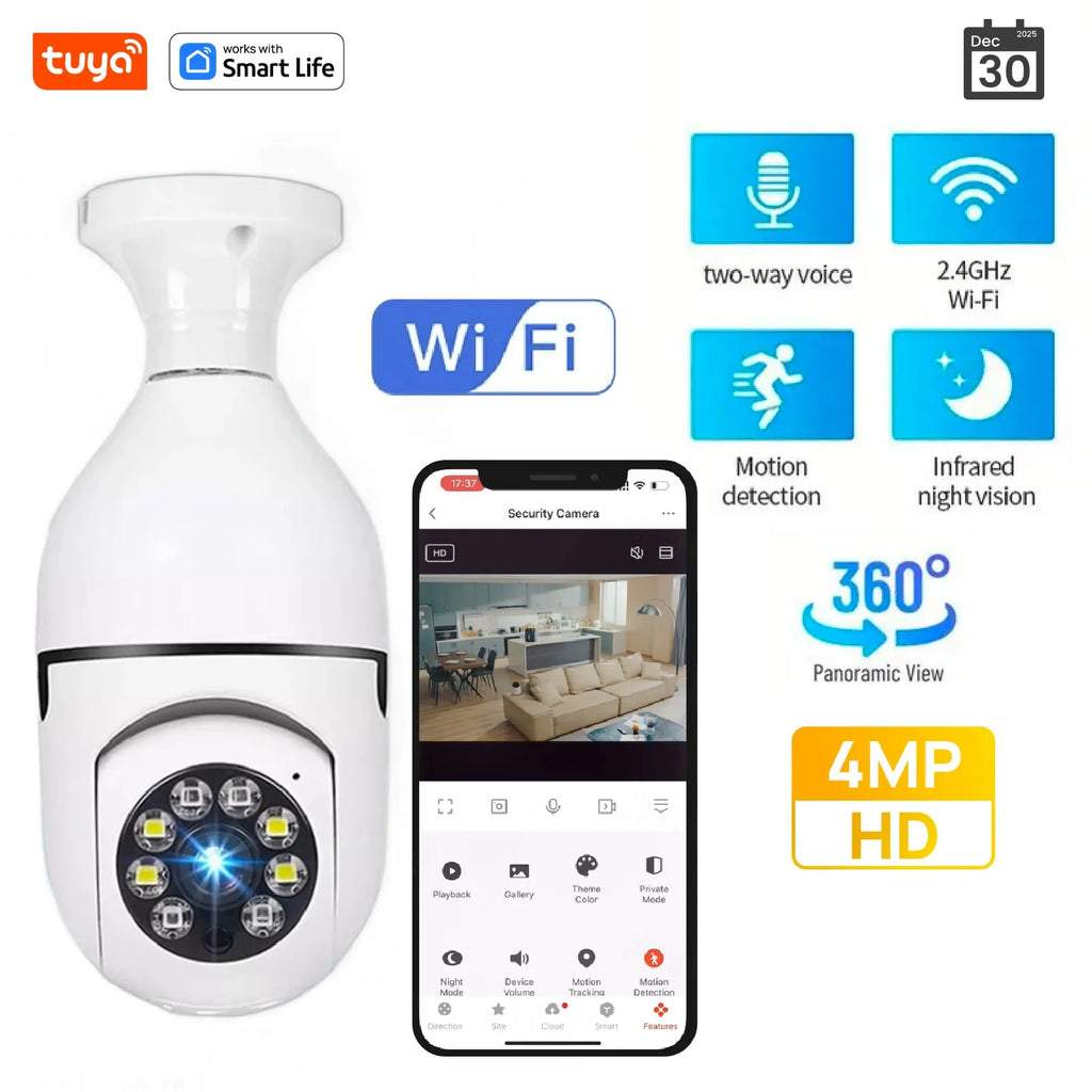 Tuya Smart E27 Security Camera 2.4G 3MP HD for Home,Baby/Elder/Pet Camera 100-240V W/Phone App,Color Night Vision 2-Way Audio