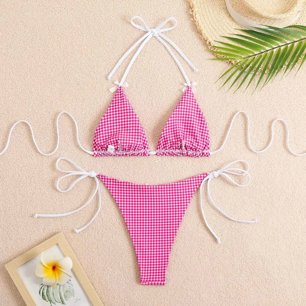 Circyy 2026 Bathing Suit Women Plaid Dot Split Swimsuit Neck-mounted Bow Tie Beachwear Vintage Simple Two-piece Bikinis Summer
