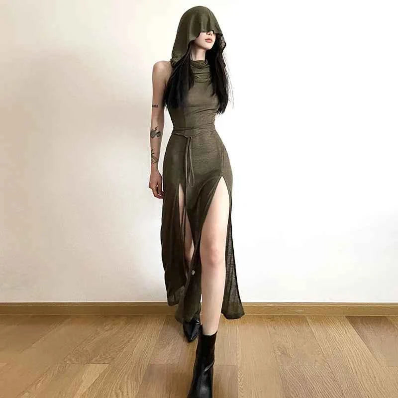 Summer 2023 Sexy European And American Style Sleeveless Hooded Dress Long Split Hollow out Pure Color Women's Gown